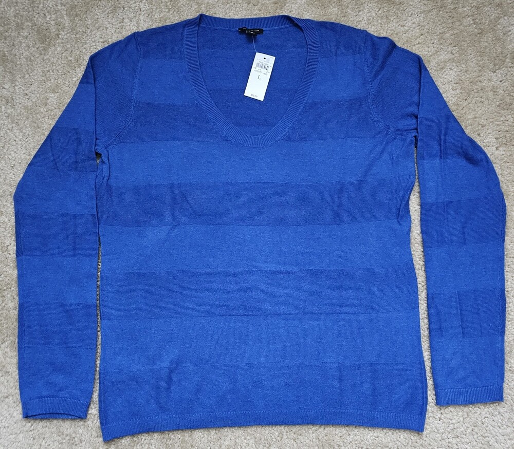 NWT Ann Taylor Blue Scoop Neck Striped Lightweight Sweater Women's L $69